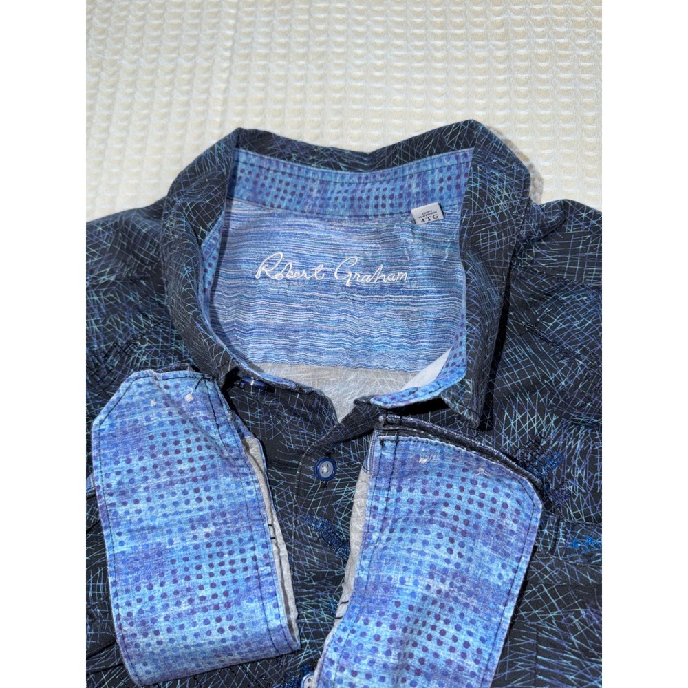 Robert Graham Button Down Shirt Mens 4TG Blue Abstract Geometric Embroidered